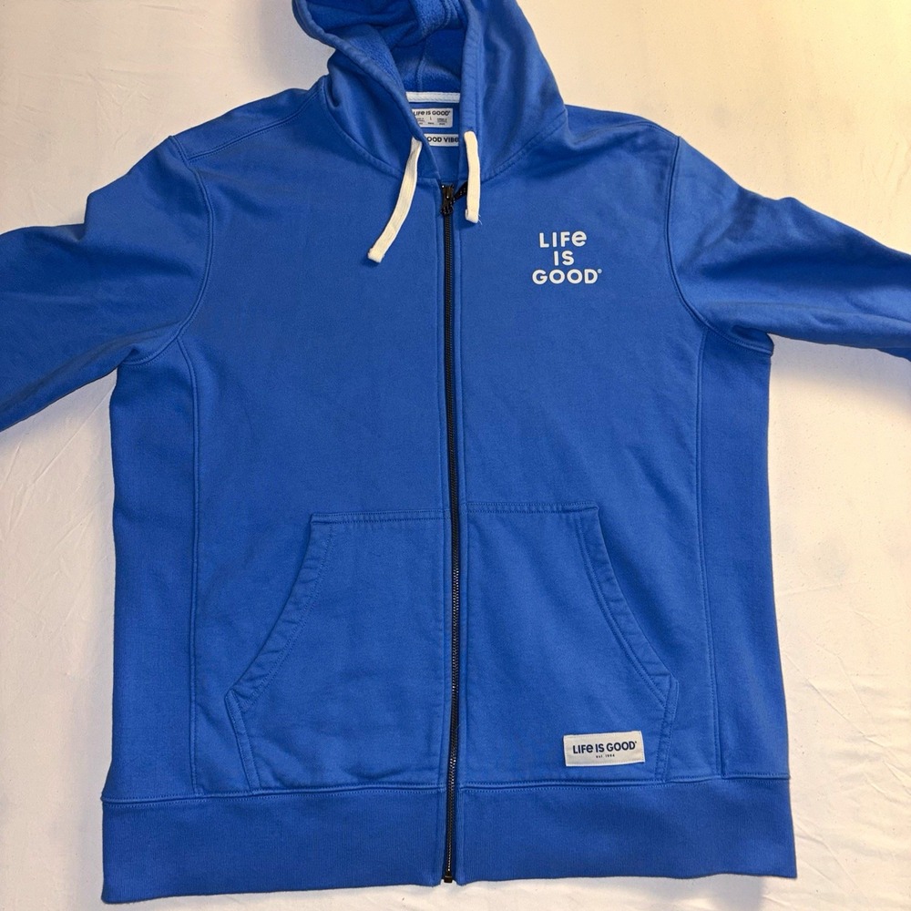 Life is Good Men's L Blue Full Zip Hoodie Spread Good Vibes Graphic Logo Cotton